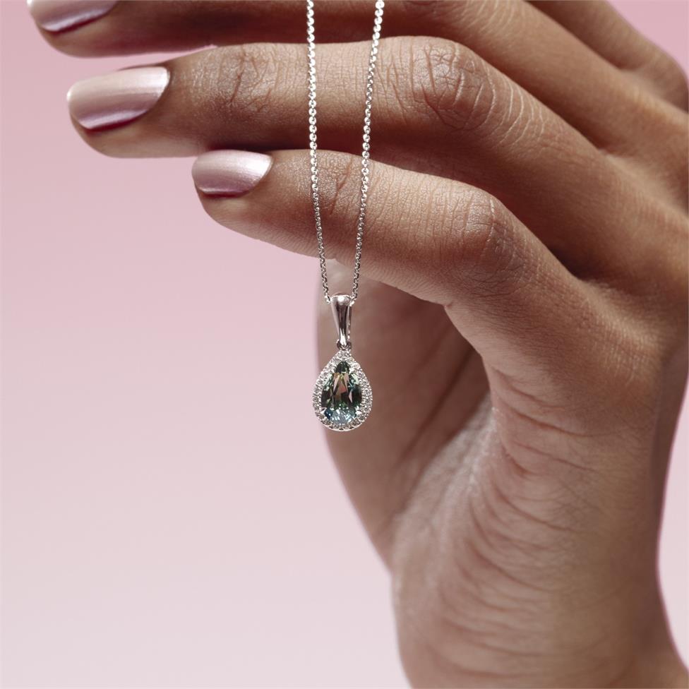 Camellia 18ct White Gold Pear Teal Sapphire and Diamond Pendant Thumbnail Image 1