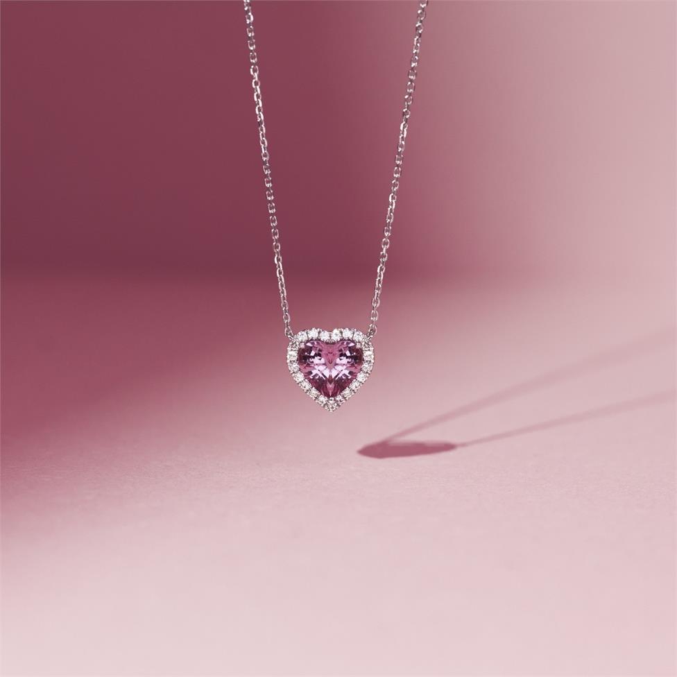 Camellia White Gold Pink Spinel Halo Heart Necklace Thumbnail Image 3