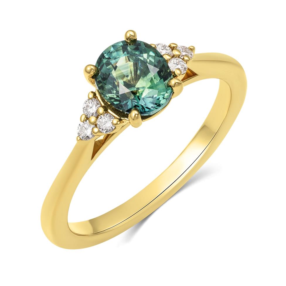 18ct Yellow Gold Oval Teal Sapphire and Diamond Engagement Ring Thumbnail Image 0
