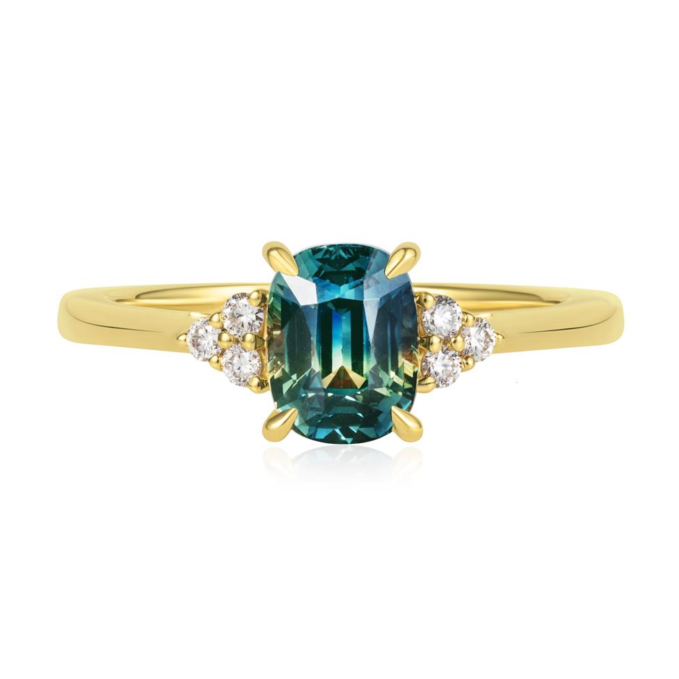 18ct Yellow Gold Cushion Bi-Colour Sapphire and Diamond Engagement Ring Thumbnail Image 1