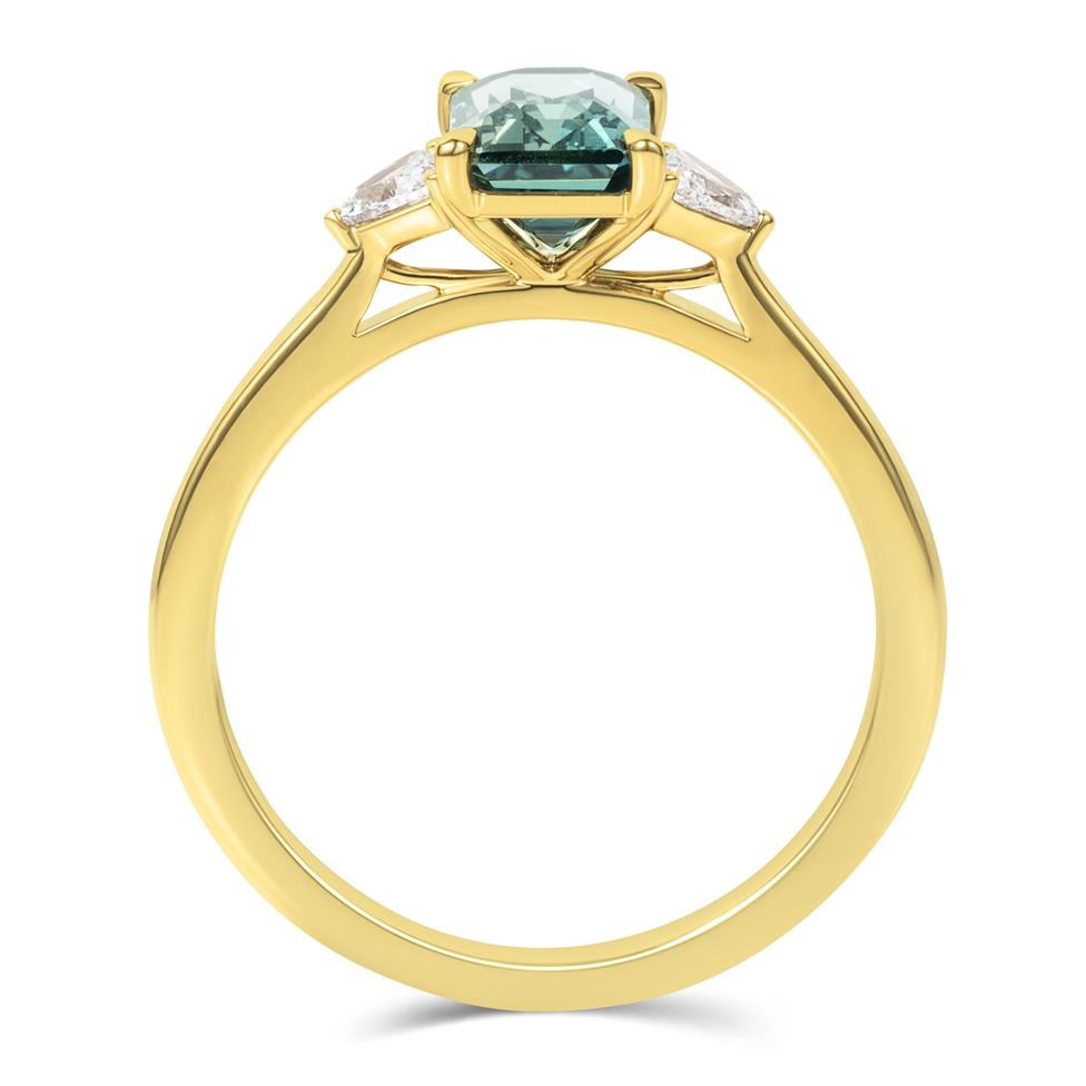 18ct Yellow Gold Emerald Cut Teal Sapphire and Diamond Engagement Ring Thumbnail Image 2