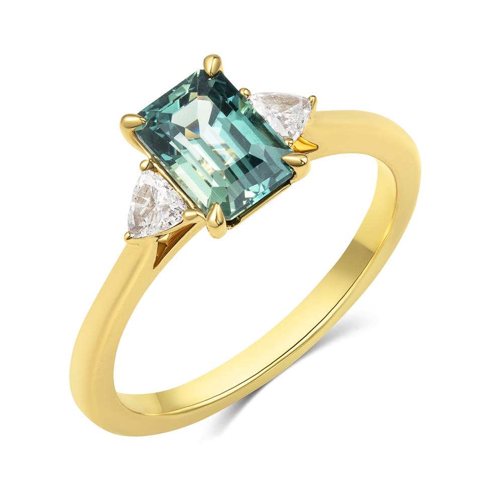 18ct Yellow Gold Emerald Cut Teal Sapphire and Diamond Engagement Ring Thumbnail Image 0