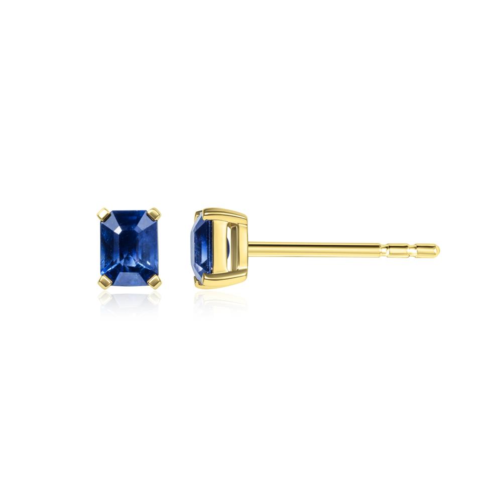 18ct Yellow Gold Emerald Cut Blue Sapphire Stud Earrings Thumbnail Image 0
