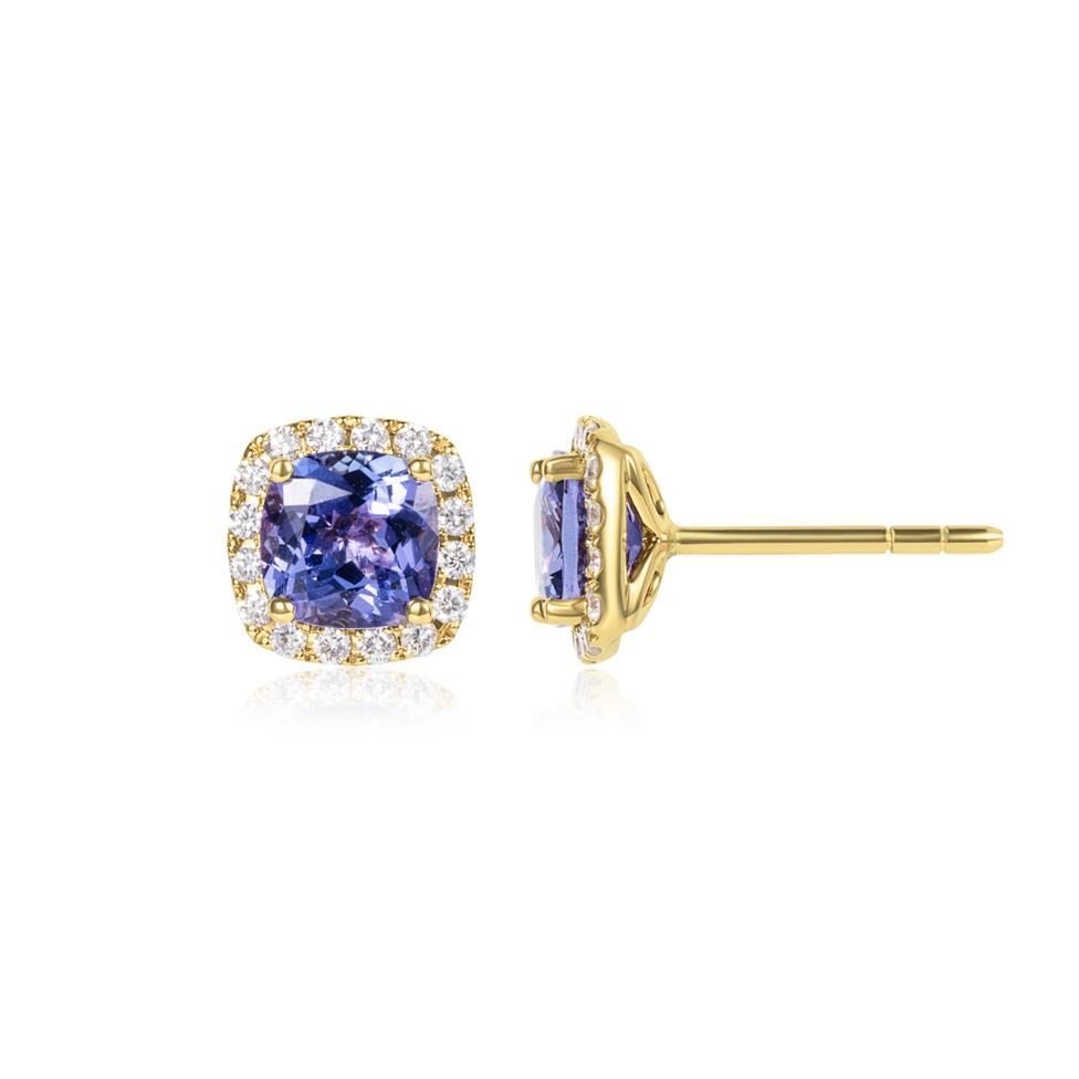 18ct Yellow Gold Tanzanite and Diamond Halo Stud Earrings Thumbnail Image 0