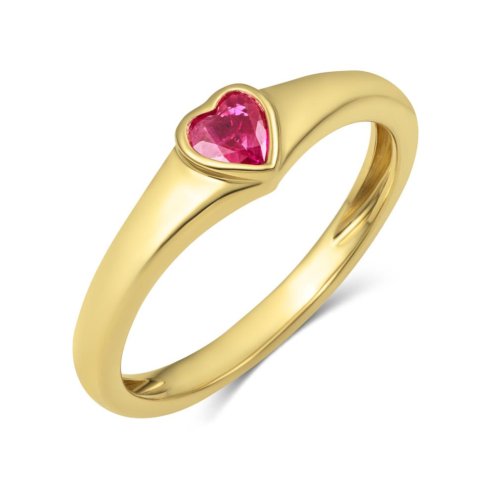 18ct Yellow Gold Heart Shape Ruby Signet Ring Thumbnail Image 0