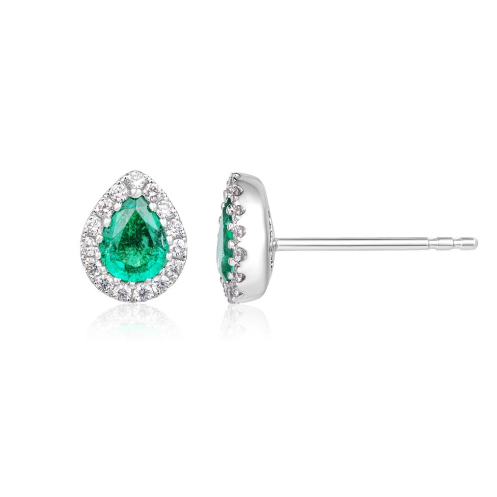 Camellia 18ct White Gold Emerald and Diamond Teardrop Halo Earrings
 Thumbnail Image 0