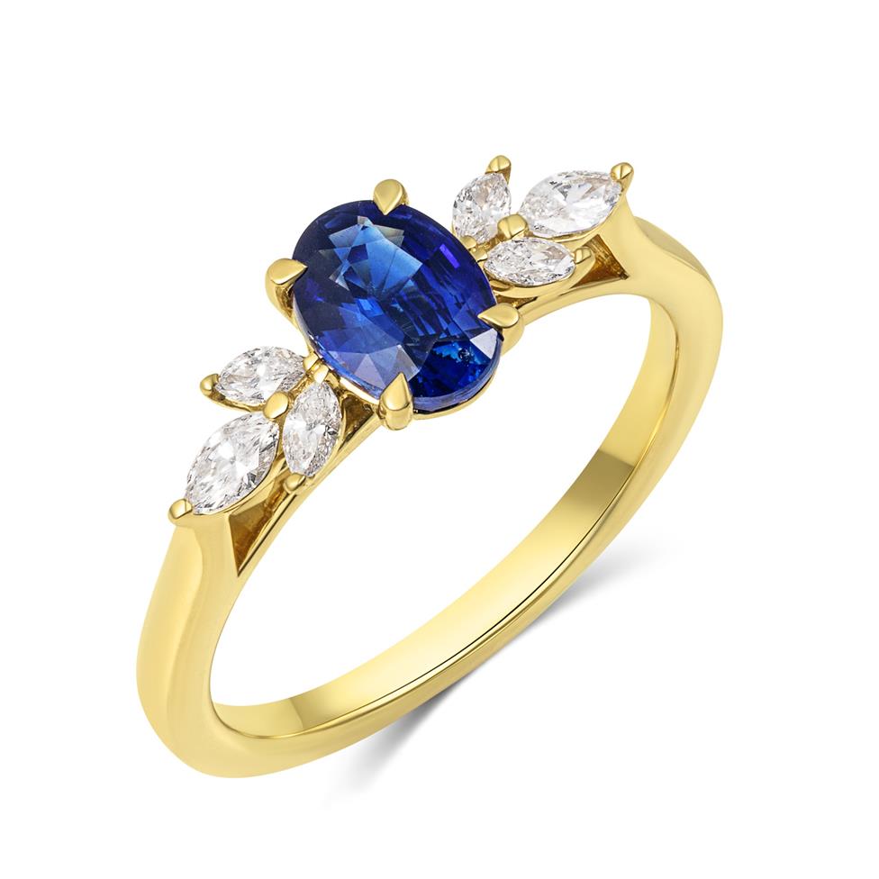 18ct Yellow Gold Oval Sapphire and Marquise Diamond Engagement Ring Thumbnail Image 0