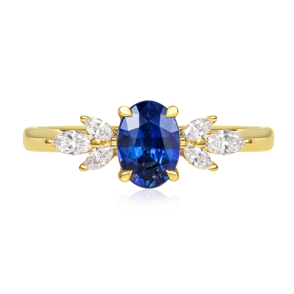 18ct Yellow Gold Oval Sapphire and Marquise Diamond Engagement Ring Thumbnail Image 1