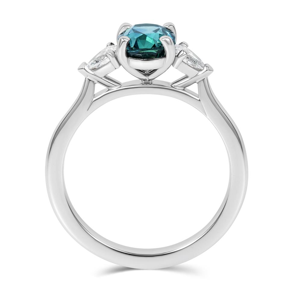 Platinum Oval Teal Sapphire and Diamond Three Stone Ring Thumbnail Image 2