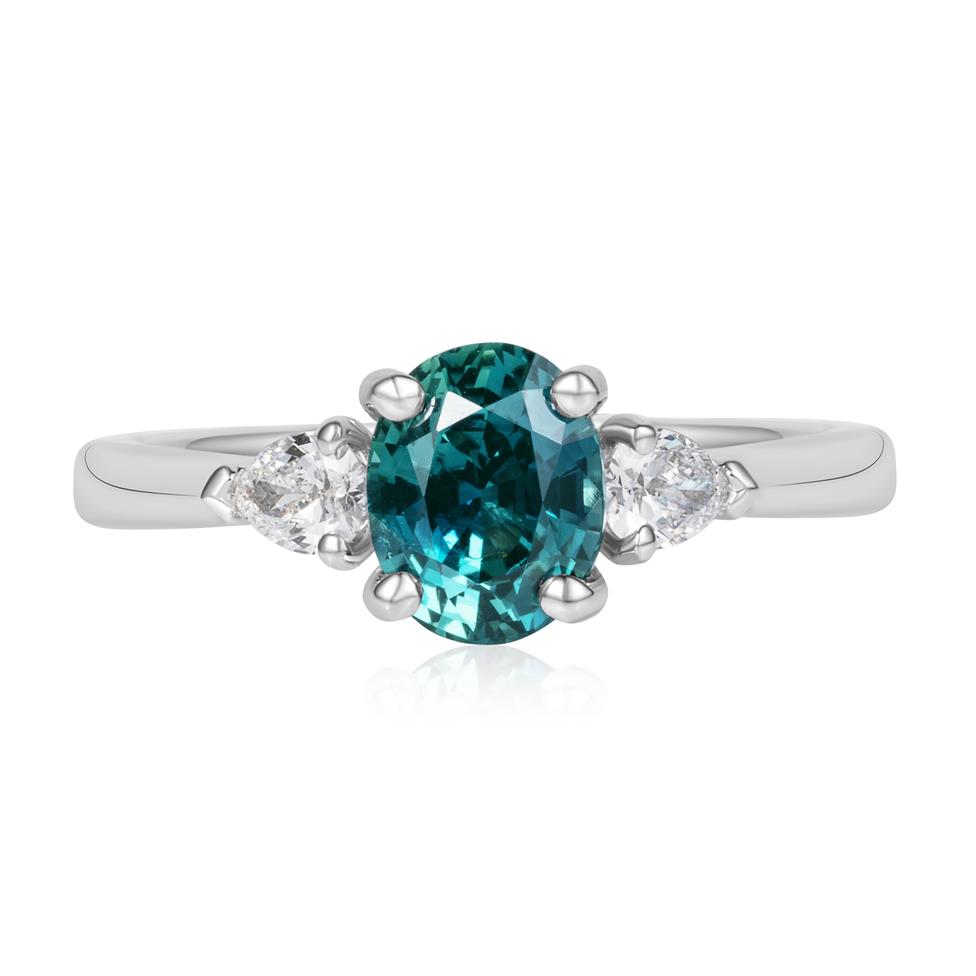 Platinum Oval Teal Sapphire and Diamond Three Stone Ring Thumbnail Image 1