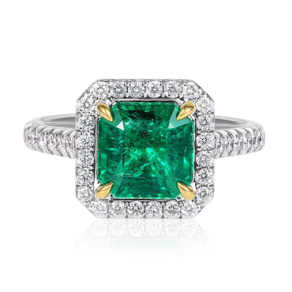 Platinum Asscher Cut Emerald and Diamond Halo Engagement Ring Thumbnail Image 1