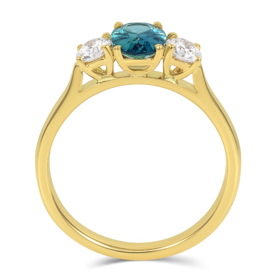 18ct Yellow Gold Teal Sapphire and Diamond Three Stone Engagement Ring Thumbnail Image 2