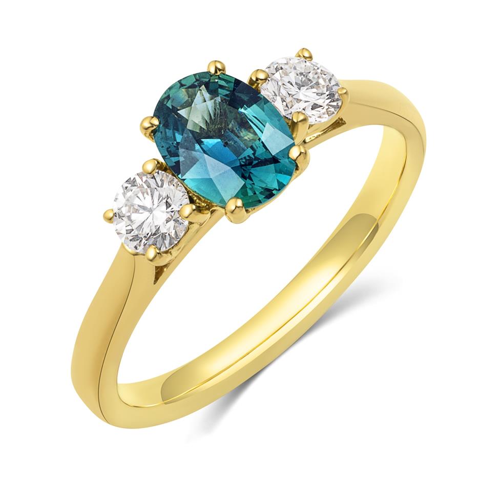 18ct Yellow Gold Teal Sapphire and Diamond Three Stone Engagement Ring Thumbnail Image 0