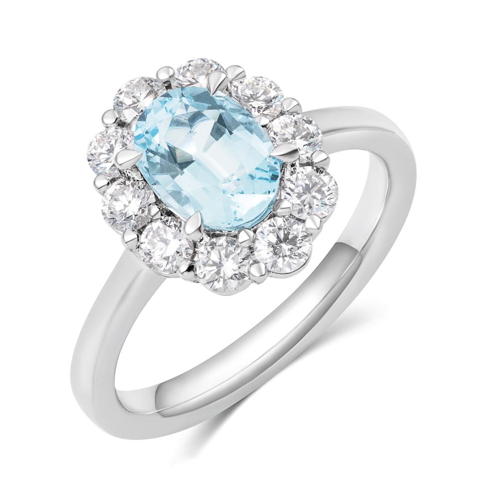 18ct White Gold Aquamarine and Diamond Oval Cluster Ring Thumbnail Image 0