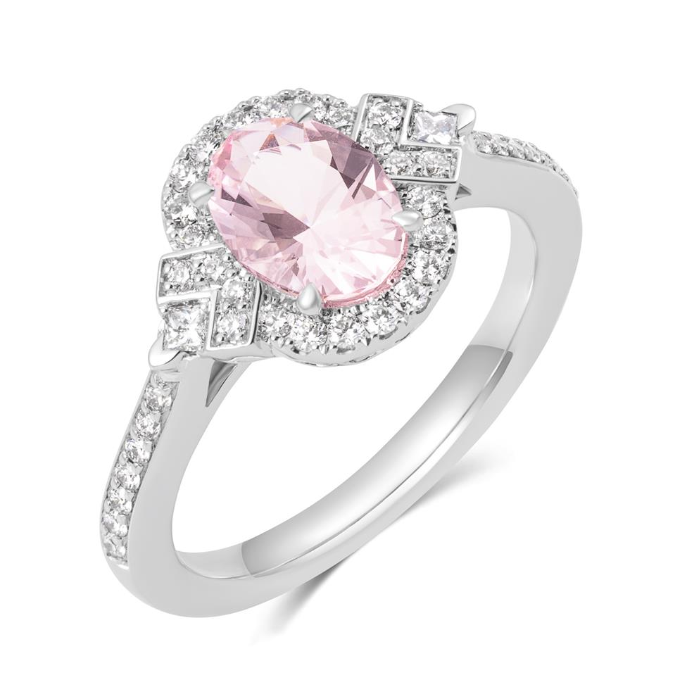 18ct White Gold Morganite and Diamond Oval Halo Ring Thumbnail Image 0