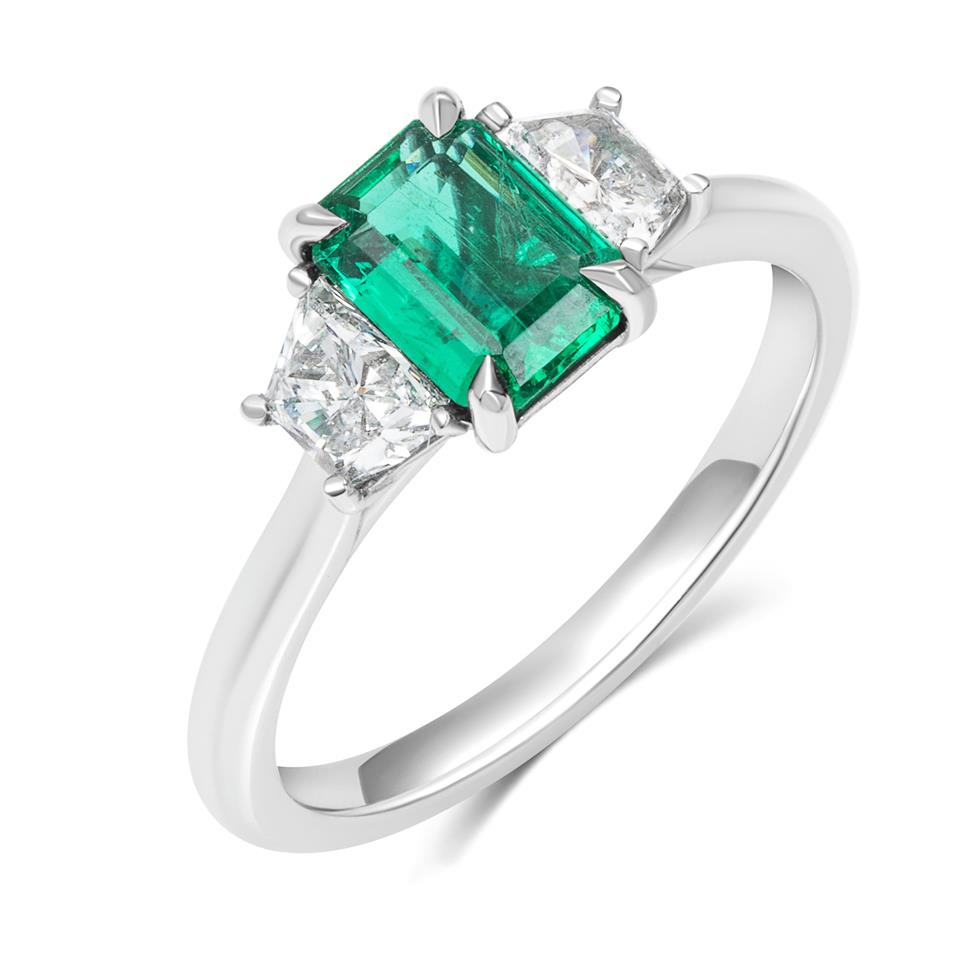 Platinum Emerald and Diamond Three Stone Ring Thumbnail Image 0