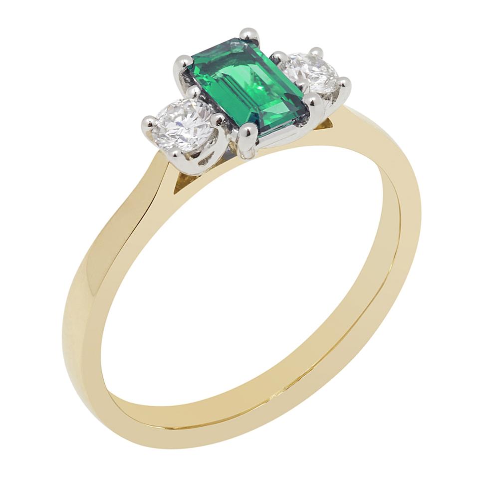 18ct Yellow Gold Emerald and 0.24ct Diamond Three Stone Ring Thumbnail Image 0