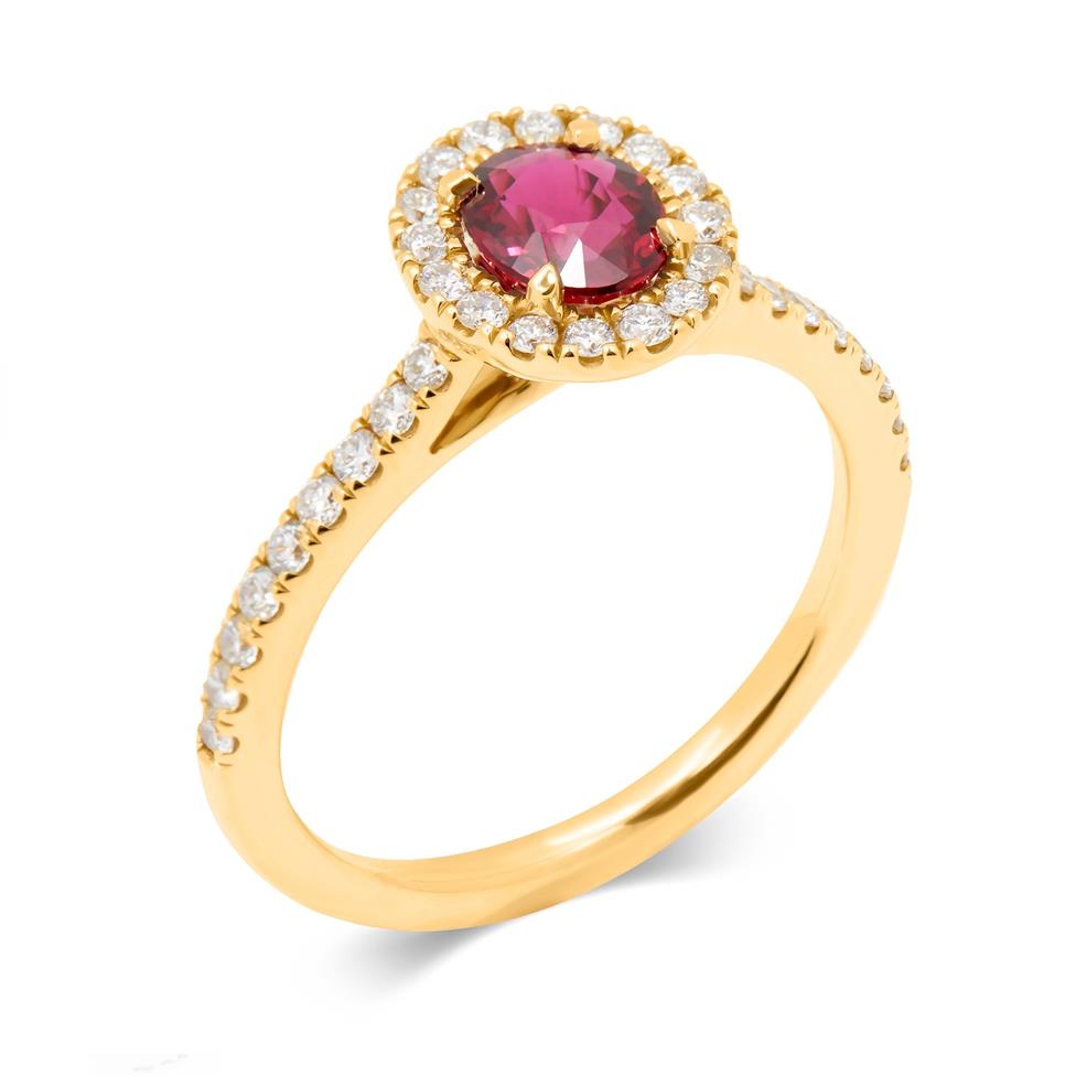 18ct Yellow Gold Oval Ruby and Diamond Halo Ring Thumbnail Image 0