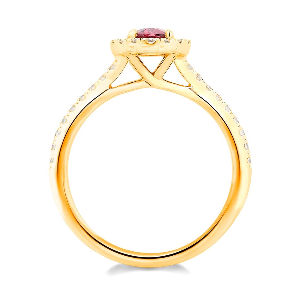 18ct Yellow Gold Oval Ruby and Diamond Halo Ring Thumbnail Image 1
