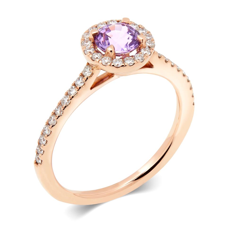 18ct Rose Gold Violet Sapphire Halo Ring Thumbnail Image 0