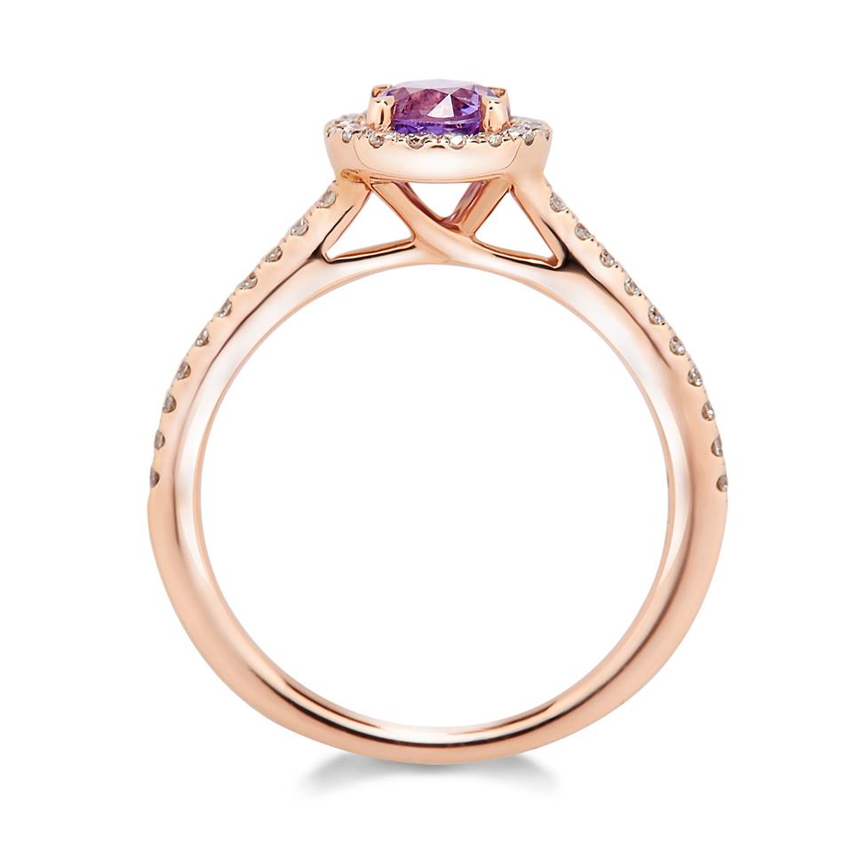18ct Rose Gold Violet Sapphire Halo Ring Thumbnail Image 1