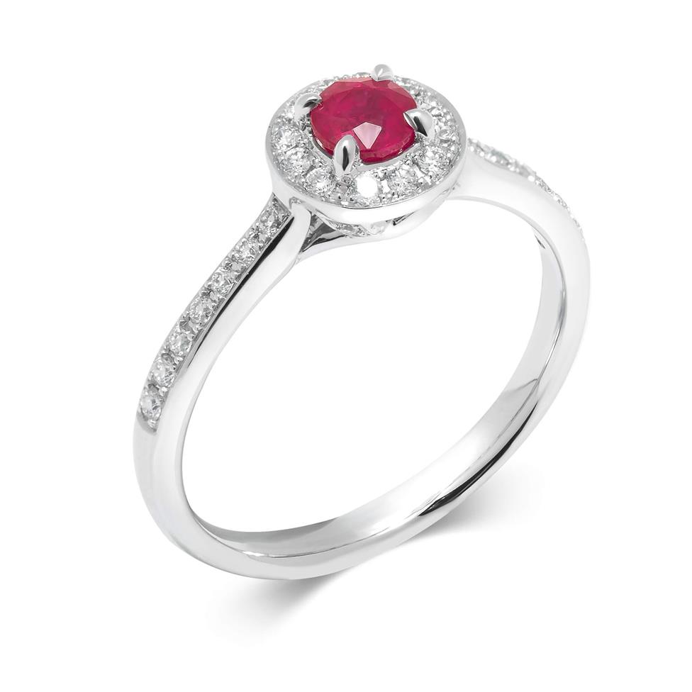 Camellia 18ct White Gold Ruby and Diamond Halo Engagement Ring Thumbnail Image 0