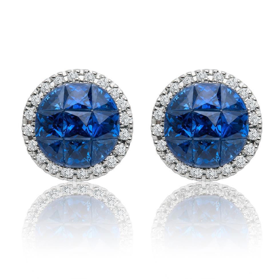 Mosaic 18ct White Gold Sapphire and Diamond Halo Earrings Thumbnail Image 0