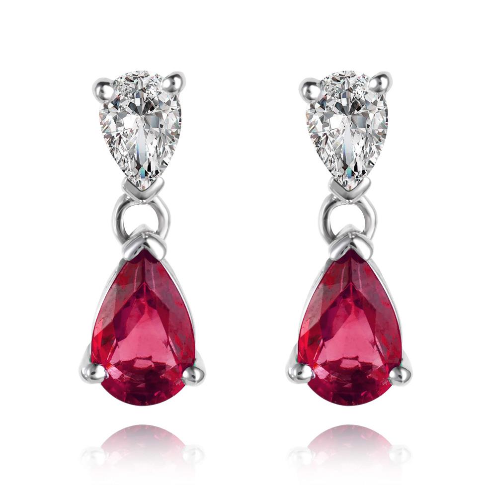 18ct White Gold Pear Shape Ruby and Diamond Drop Earrings Thumbnail Image 0