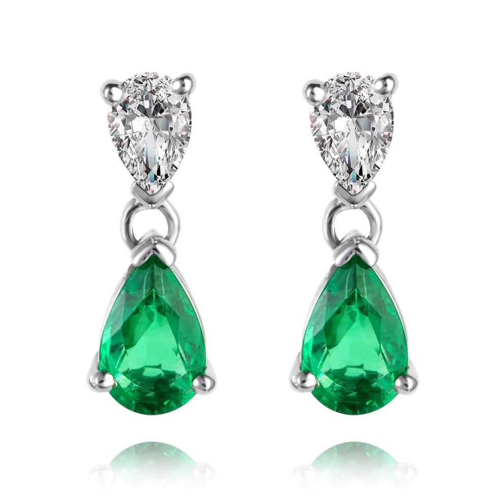18ct White Gold Pear Shape Emerald and Diamond Drop Earrings Thumbnail Image 0