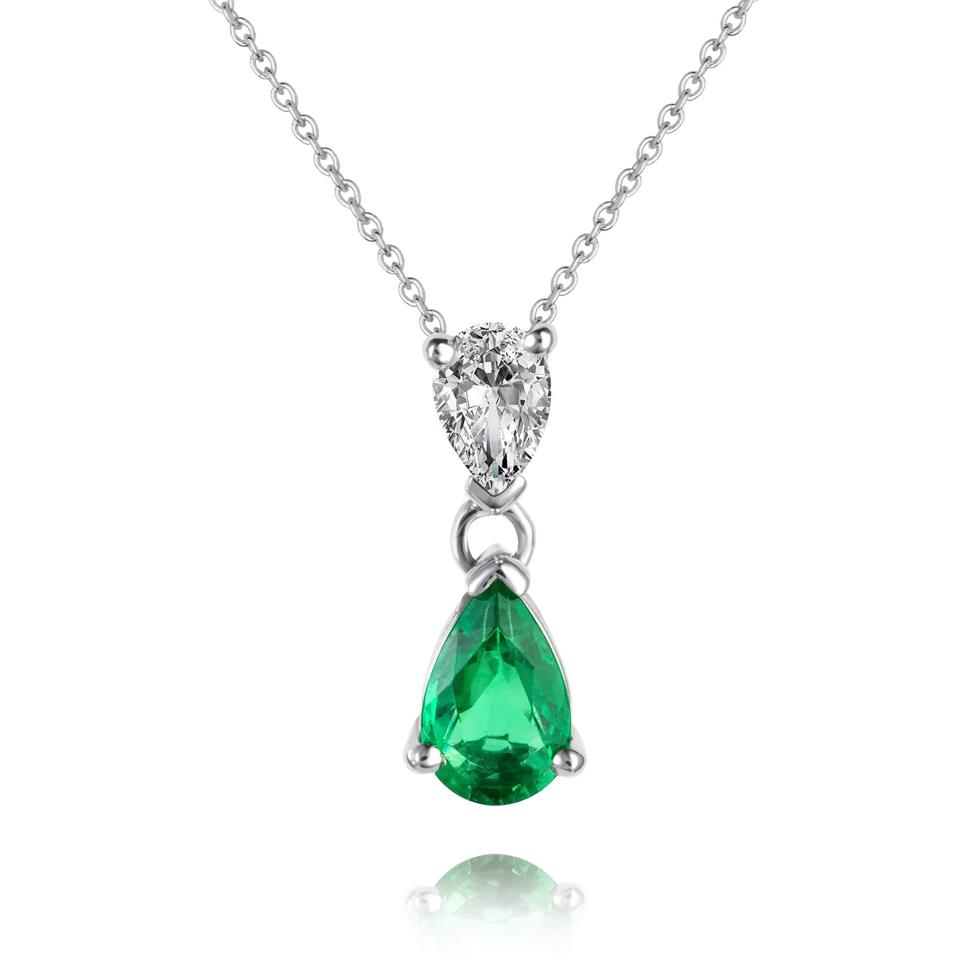 18ct White Gold Pear Shape Emerald and Diamond Drop Pendant Thumbnail Image 0