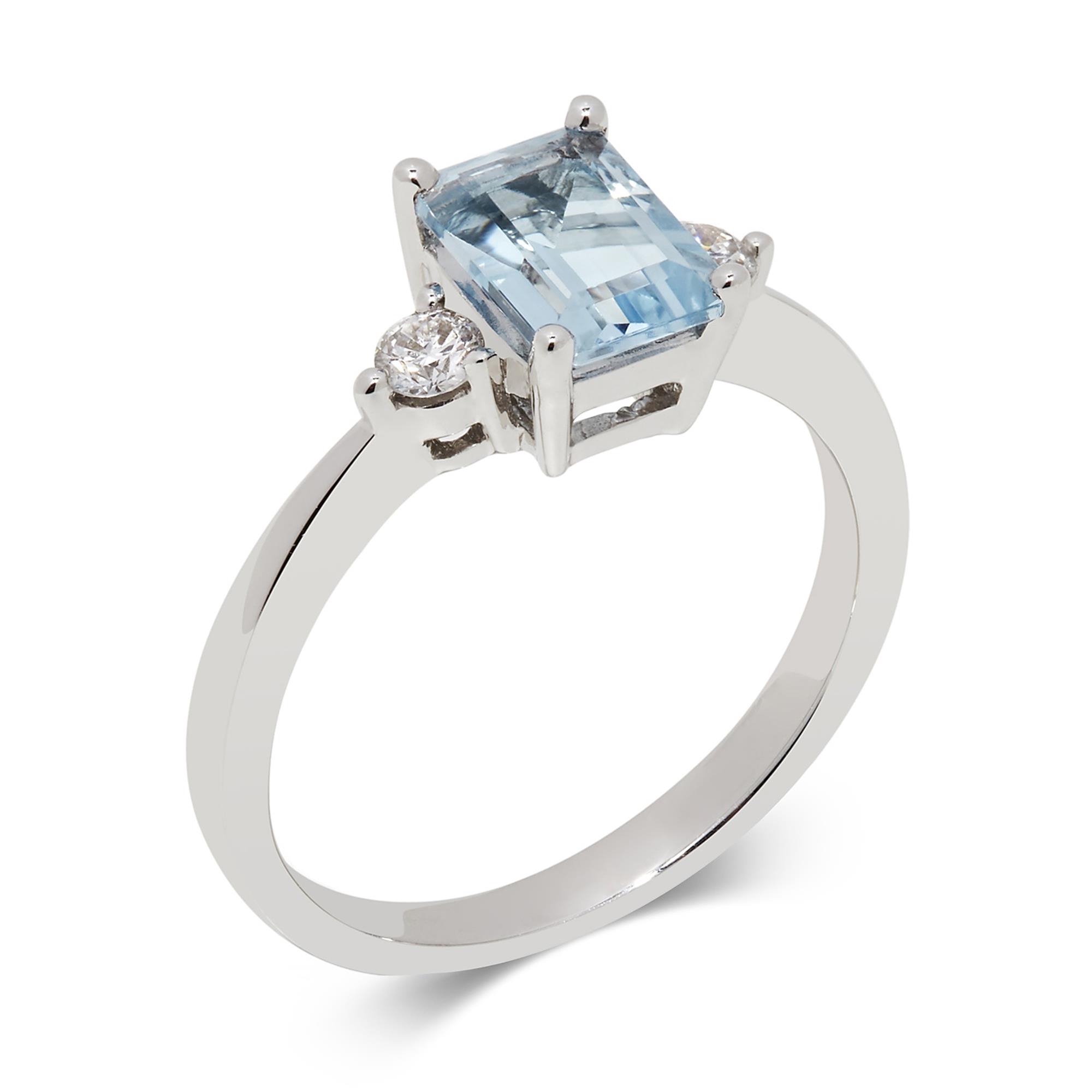 18ct White Gold Emerald Cut Aquamarine and Diamond Ring | Pravins Jewellers