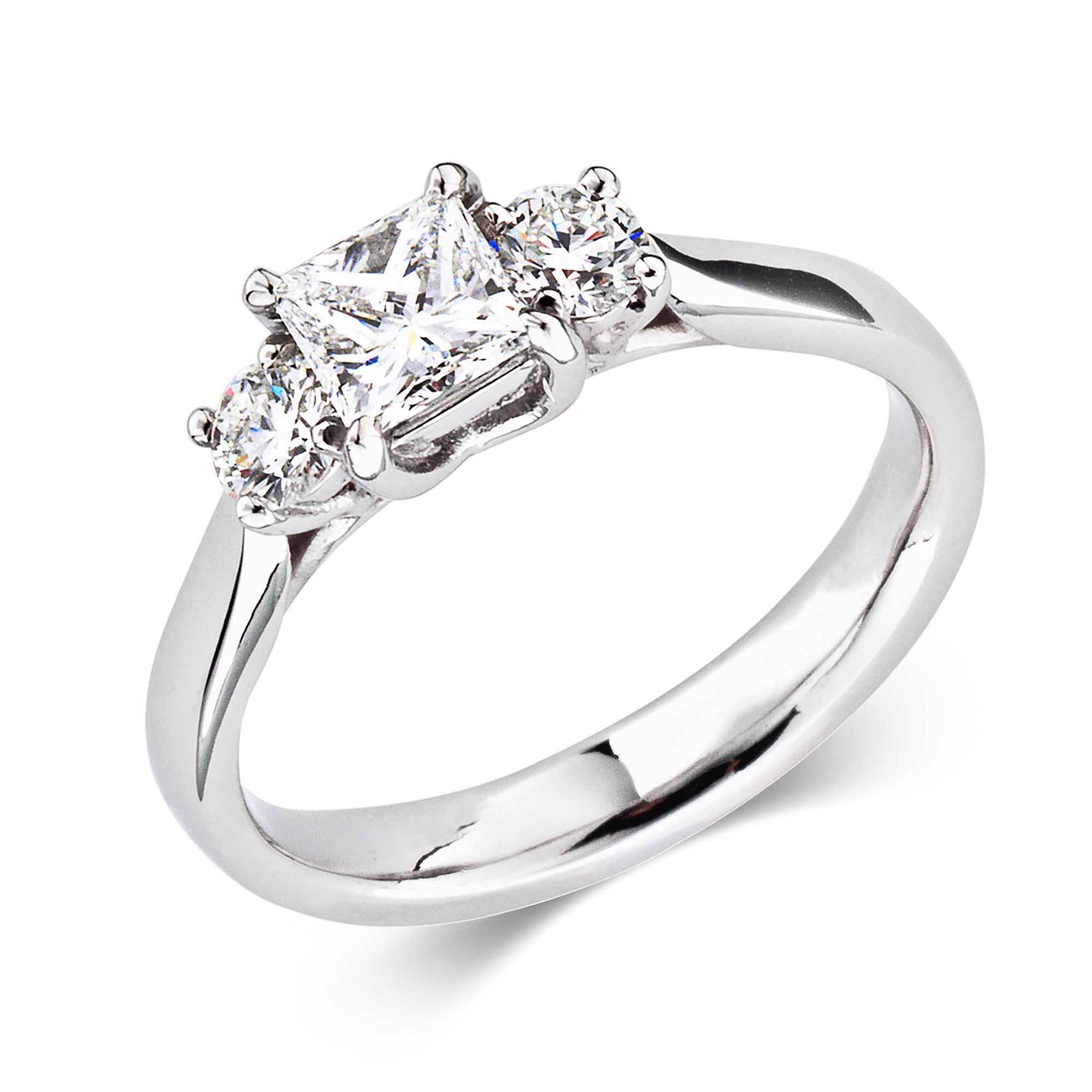 Platinum Round Princess Cut 0.85ct Diamond Three Stone Ring | Pravins ...