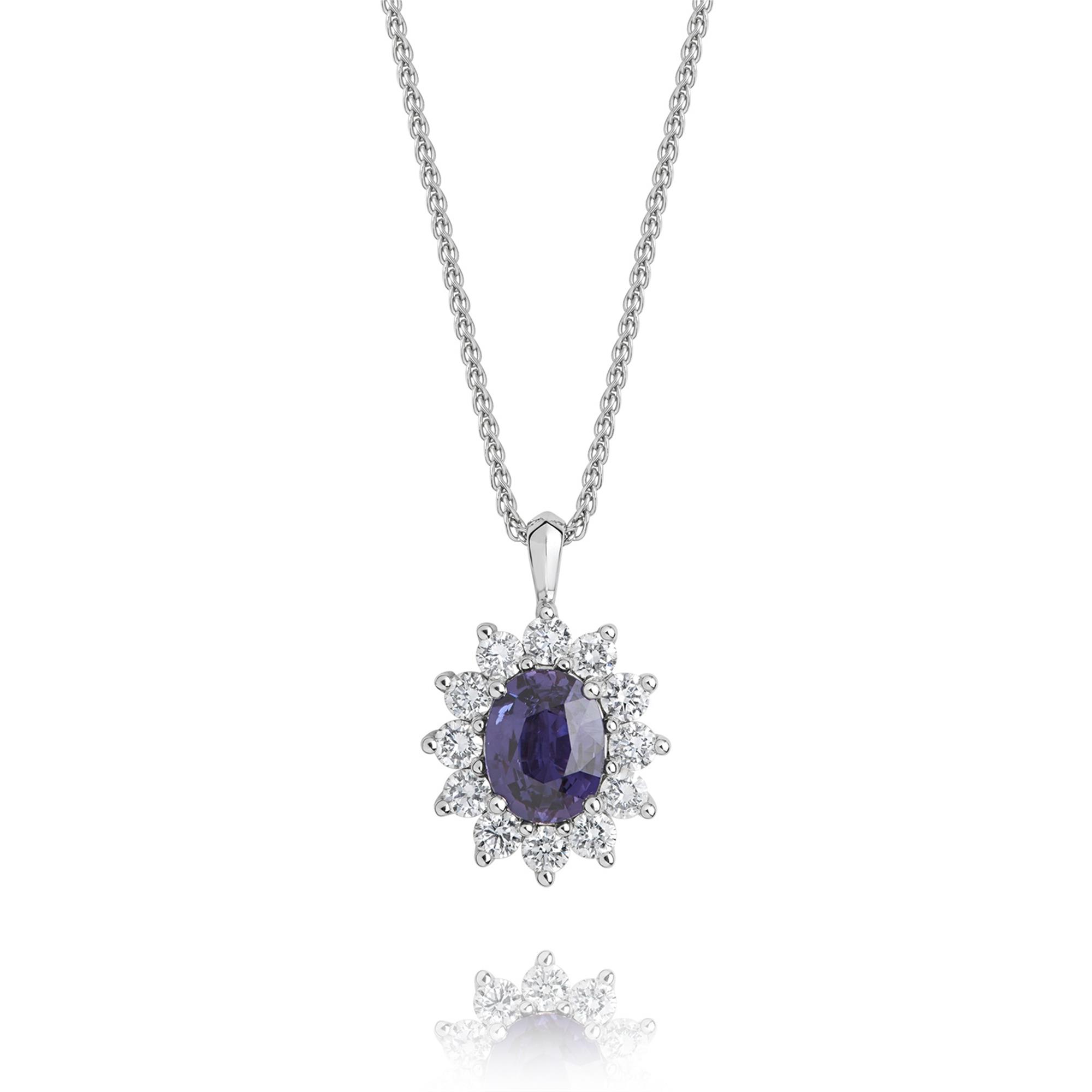 18ct White Gold Violet Sapphire and Diamond Cluster Pendant | Pravins ...