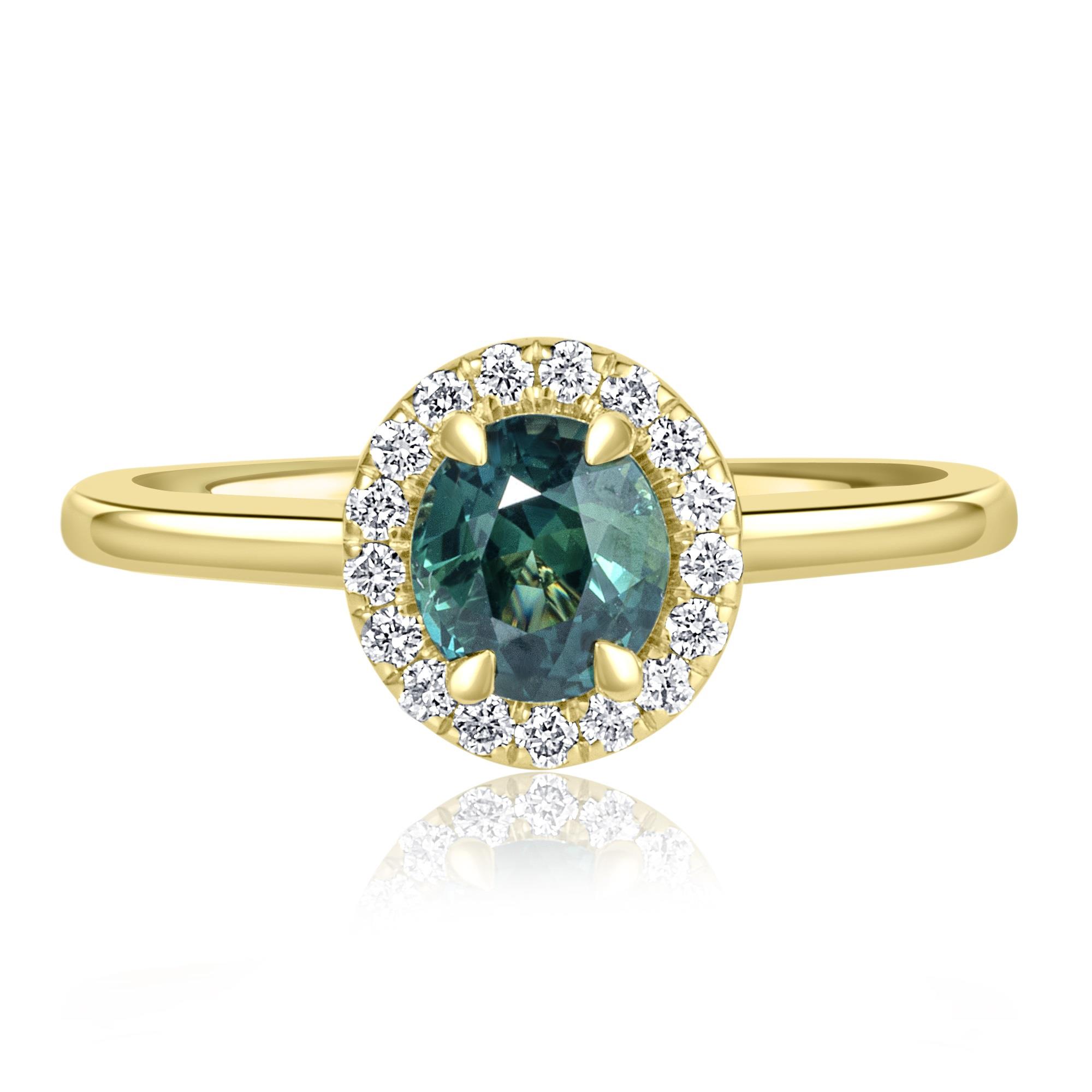 Teal Sapphire and Diamond Halo Ring | Pravins