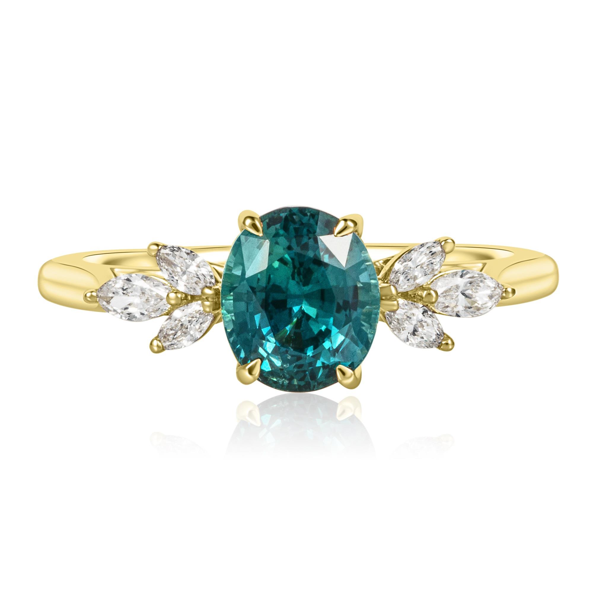 Yellow Gold Oval Teal Sapphire Ring | Pravins