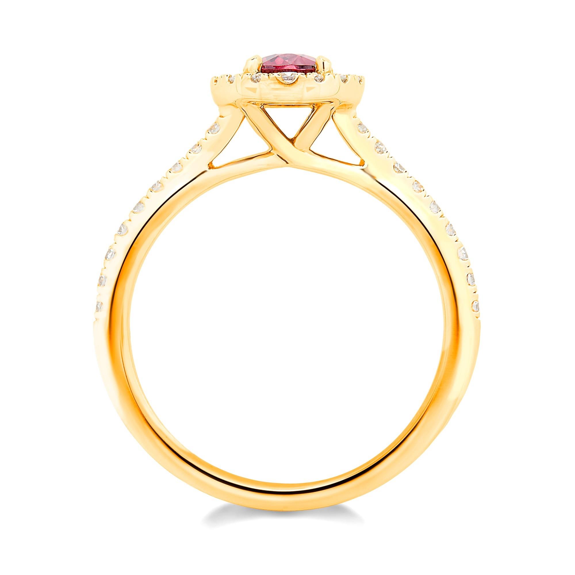 18ct Yellow Gold Oval Ruby and Diamond Halo Ring | Pravins